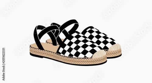 Black and White Checkered Espadrilles with Woven Jute Soles on White Background