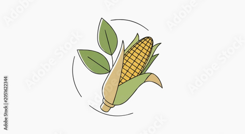 Fresh Harvested Corn Cob with Green Leaves Isolated on White Background Illustration