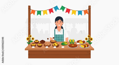 
Smiling Female Vendor at Colorful Farmers Market Stall Selling Fresh Baked Goods and Pastries
