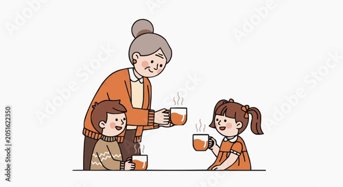 Grandmother serving warm tea to grandchildren at home cozy family moment illustration