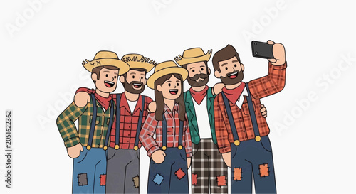 Group of cheerful farmers taking a selfie in a rural field with straw hats and plaid shirts