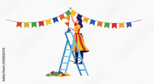 Woman Hanging Colorful Paper Bunting Flags on String for Party Decoration Vector Illustration