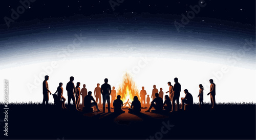 Group of People Gathering Around Campfire Under Starry Night Sky Silhouette