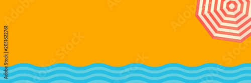 Vector summer banner background template with copy space. Creative top view beach sand layout with striped umbrella and sea water waves pattern for seasonal sale promotion or web header.