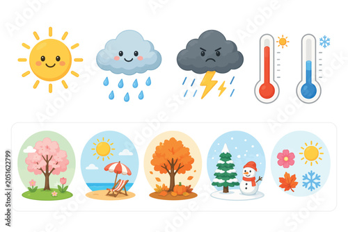 Fotografi Vsai weather forecast icons and four seasons climate elements