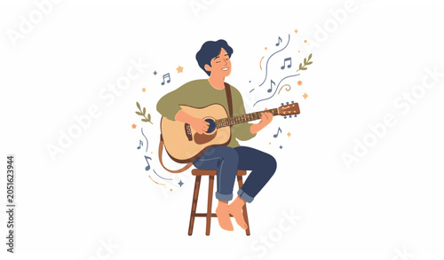 Konstfotografi Relaxed young musician playing acoustic guitar in studio style performance scene