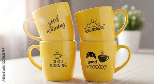 Set of four bright yellow ceramic coffee mugs featuring decorative good morning inscriptions and breakfast illustrations stack