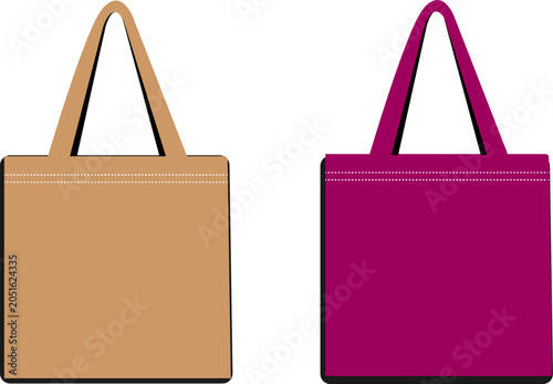 Reusable tote bag vector mockup, blank canvas grocery bags in beige and purple, eco-friendly fabric shopping bag set for branding and retail