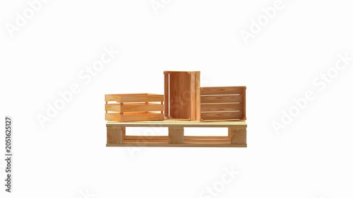 Wooden crates and a pallet shift and arrange into a small packaging or storage display on a white background, 3D animation