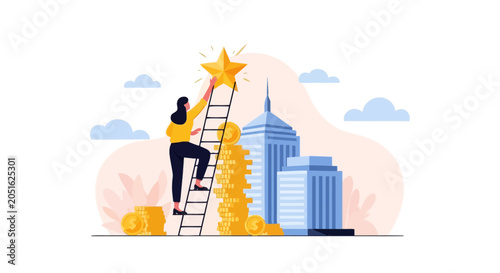 Woman climbing ladder to reach golden star above stack of coins and city buildings, representing success and achievement.