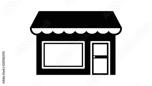 Simple black and white icon of a small shop building with an awning and a display window, representing retail business.