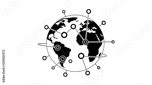 Black and white graphic illustration of a global network with interconnected nodes and lines, symbolizing worldwide communication and data exchange.