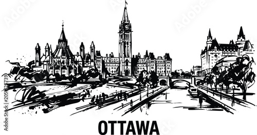 Canvastavla Ottawa city skyline illustration with parliament building and iconic architectur