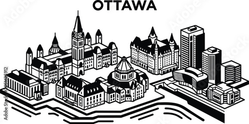 Quadro su tela Ottawa skyline illustration featuring iconic parliament hill buildings and moder