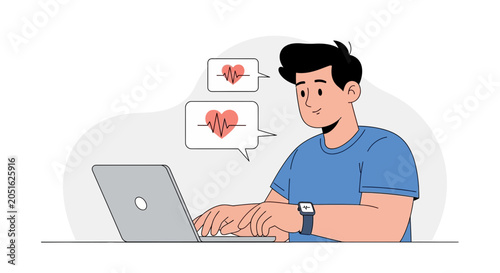 Young Man Using Laptop with Heartbeat EKG Symbols in Speech Bubbles, Representing Health Monitoring and Digital Communication