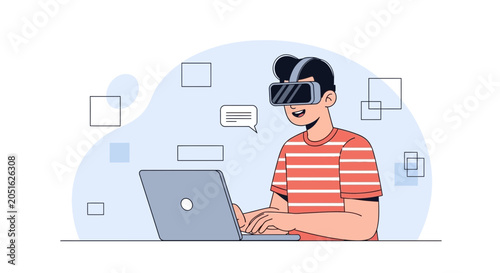 Young person using VR headset and laptop, exploring virtual reality, digital world, and future technology concept illustration