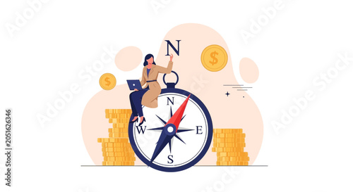 Businesswoman Sitting on Compass with Laptop, Surrounded by Stacks of Coins and Dollar Signs: Financial Direction and Investment Growth
