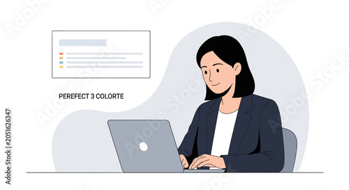 Businesswoman working on a laptop, focused and professional, with a presentation slide in the background.