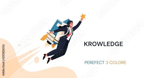 Businesswoman with knowledge rocket pack flying towards star, concept of education, success and ambition