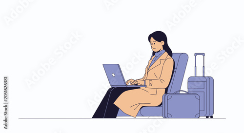 Businesswoman working on laptop in airport lounge with luggage, symbolizing remote work and travel