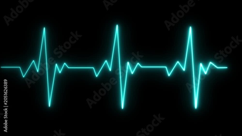 Cyan neon heartbeat line glowing on a dark background representing vital signs and medical monitoring equipment in a clinical environment