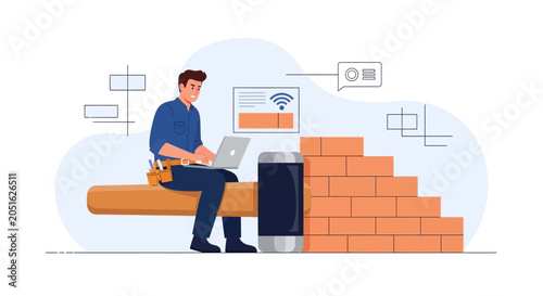 Construction worker using laptop on building site, brick wall and wireless technology illustration
