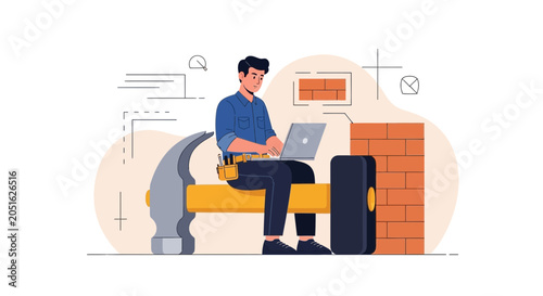 Construction Worker on Giant Hammer Using Laptop, Symbolizing Digitalization of Building Industry and Remote Work