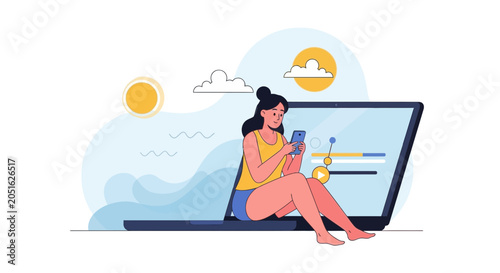 Young Woman Using Mobile Phone Sitting on Laptop with Abstract Background, Summer Vibes