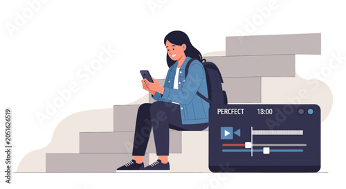 Young woman using smartphone and video editing software interface on stairs, digital lifestyle and creativity