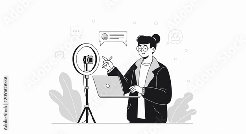 Content Creator with Ring Light, Camera and Laptop - Modern Flat Illustration Style