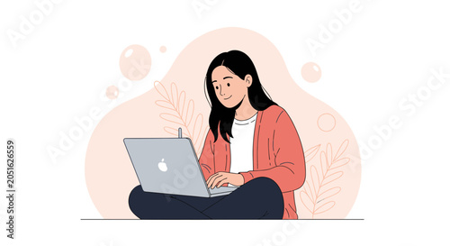 Young woman with dark hair sitting cross-legged, smiling and typing on a laptop, surrounded by abstract organic shapes and leaves.