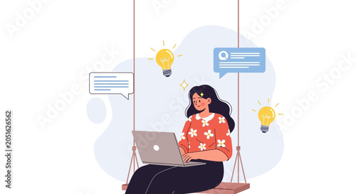 Creative Woman Working on Laptop on a Swing, Generating Ideas