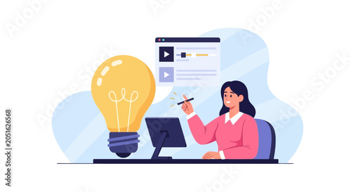 Creative Woman Working on Digital Project with Light Bulb Idea and Online Interface, Vector Illustration