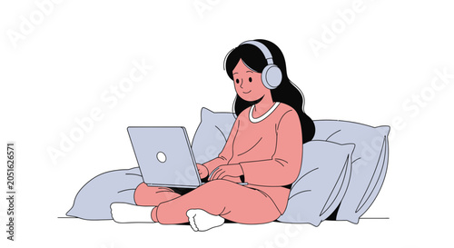 Young Woman with Headphones Typing on Laptop While Relaxing on Pillows, Cozy Home Office or Study Illustration