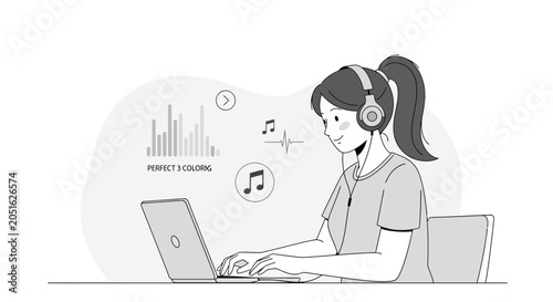 Young woman with headphones working on laptop, listening to music, with audio waveform and equalizer graphics