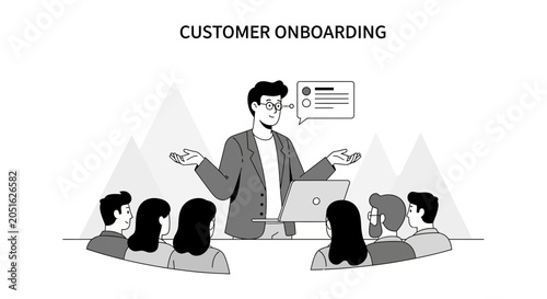 Customer Onboarding Meeting: Speaker Explains to Audience with Laptop and Chat Bubble