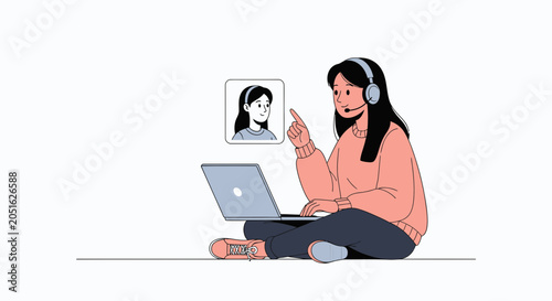 Young woman with headset and laptop participating in a video call, pointing at screen, modern flat illustration style.