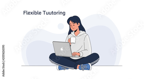 Young woman with laptop and coffee cup studying or working online, Flexible Tutoring concept