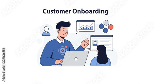 Customer Onboarding Process: Business Meeting, Laptop, Charts, and User Profiles Vector Illustration