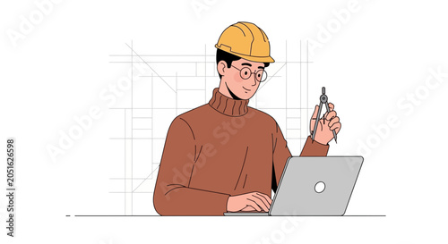 Architect or Engineer Using Laptop and Compass for Design and Planning, Vector Illustration