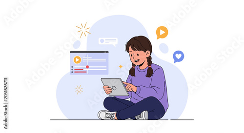 Young Girl Using Tablet, Engaging with Digital Content and Social Media
