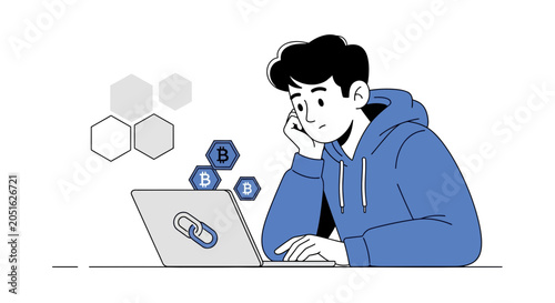 Young Man Analyzing Cryptocurrency Transactions on Laptop, Blockchain Technology Concept