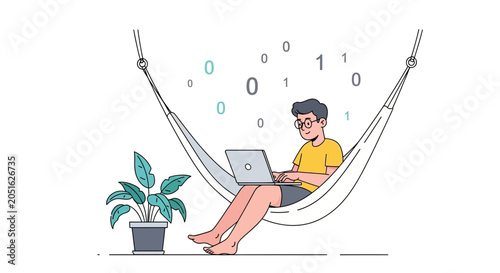 Young man coding on laptop in hammock, binary code symbols floating around him, representing remote work and digital lifestyle.
