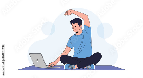 Young Man Doing Yoga and Working on Laptop, Blending Fitness with Remote Work Lifestyle