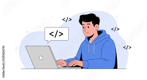 Young Man Coding on Laptop, Technology, Programming, Software Development, Digital Age Concept