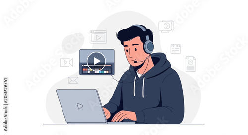Young Man Editing Video on Laptop with Headphones, Modern Flat Design Illustration