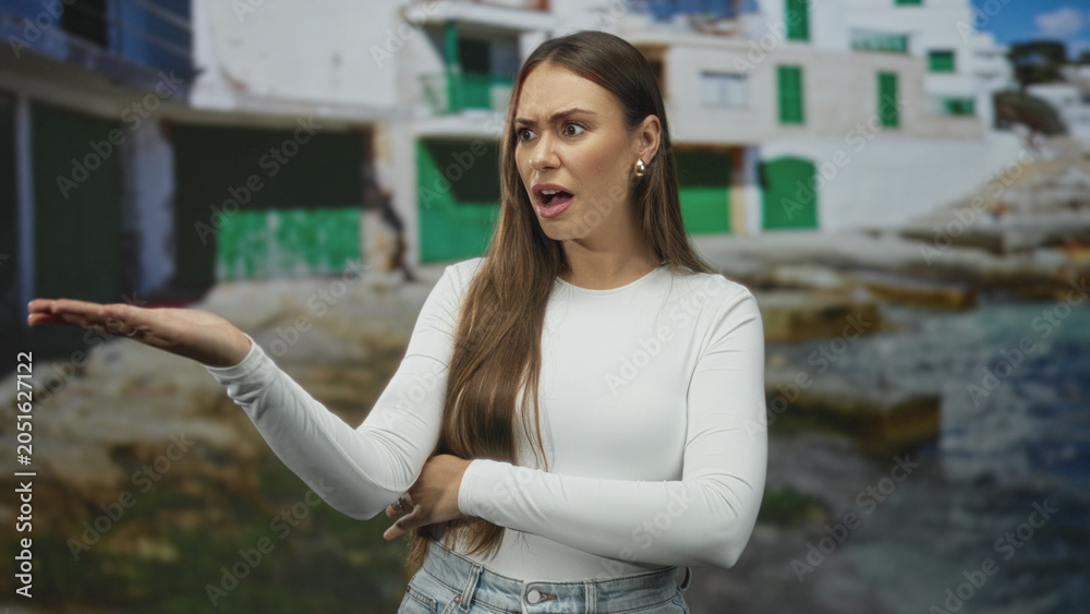 Fototapeta premium Woman arms crossed and pursed lips standing before a white coastal building with green shutters and visible jeans waist; frustration doubt.