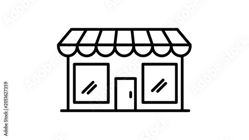 Simple black and white line art icon of a small shop or store building with an awning and two display windows.