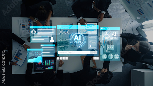 Konstfotografi Business Team Collaboration with Artificial Intelligence Interface in Modern Office Environment for Strategic Decision Making and Analysis