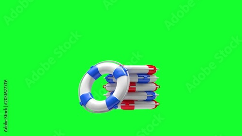 Stacked inflatable pool floats rotate as a blue and white lifebuoy moves in front on a green chroma key background, 3D animation